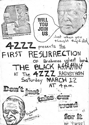 Poster for The Black Assassins 4ZZZ carpark gig, Brisbane 1983.